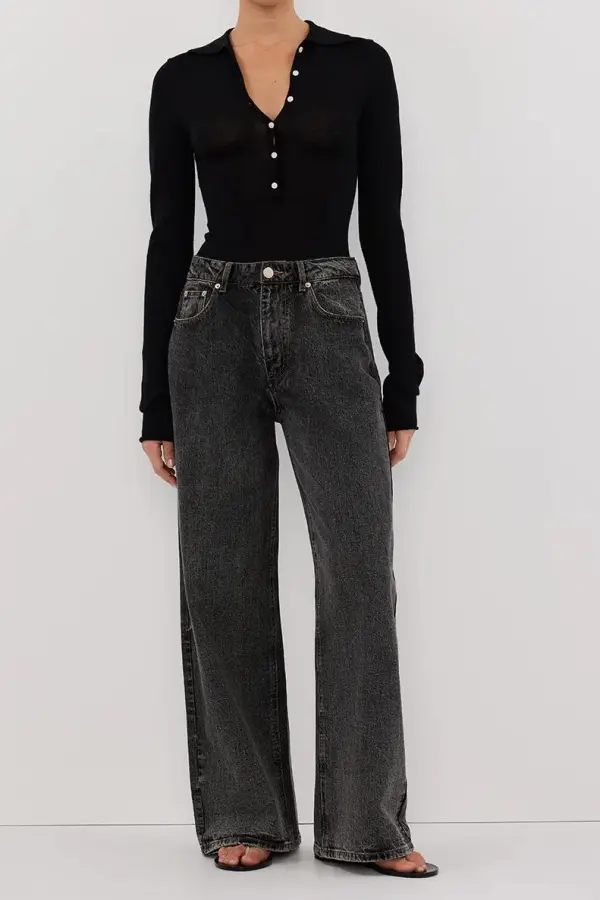 BLACK MERINO POLO KNIT TOP