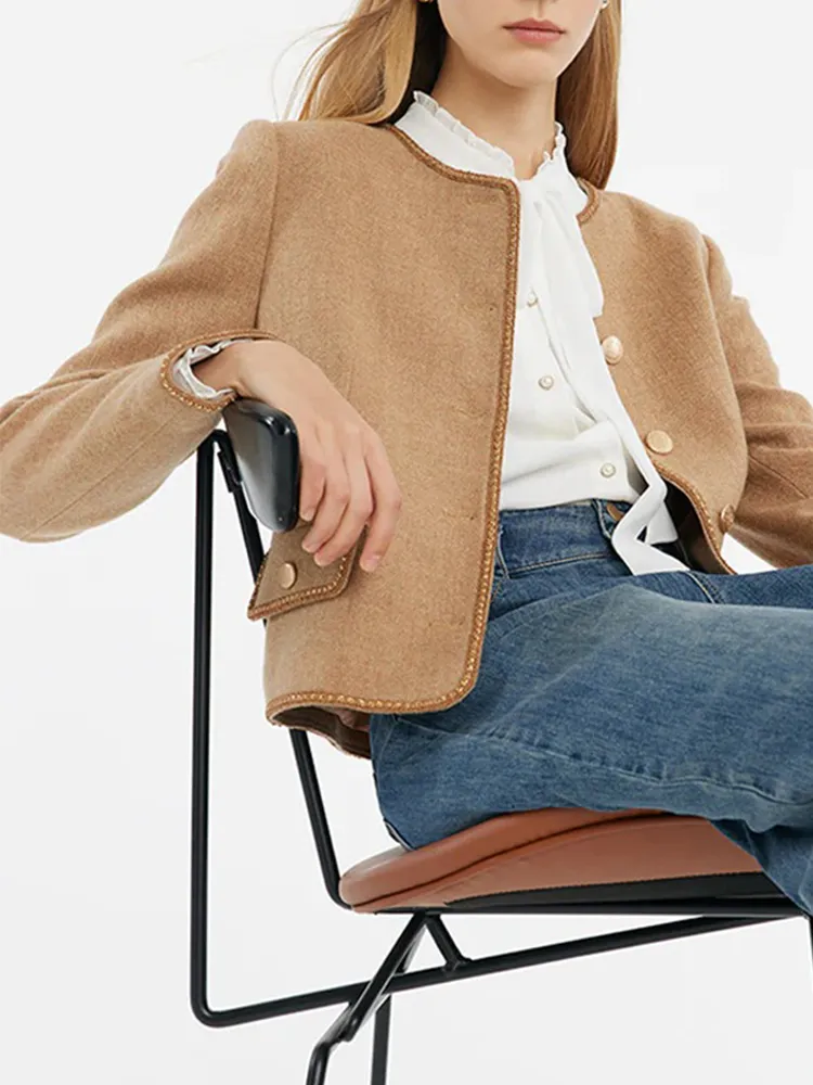 Washable Wool Round Neck SIngle-Breasted Women Jacket