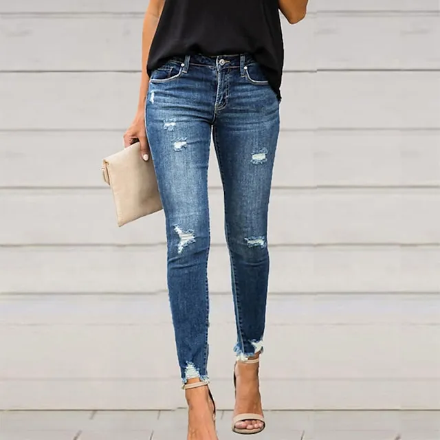 Women‘s Low Rise Jeans Skinny Pants Trousers Ankle-Length Denim Side Pockets Cut Out Micro-elastic Mid Waist Fashion Casual Office Light Blue S M Summer Spring &  Fall