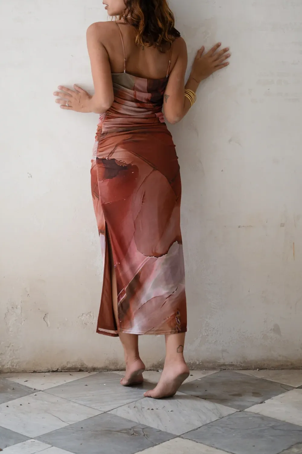 Rust Abstract Mesh Midi Dress