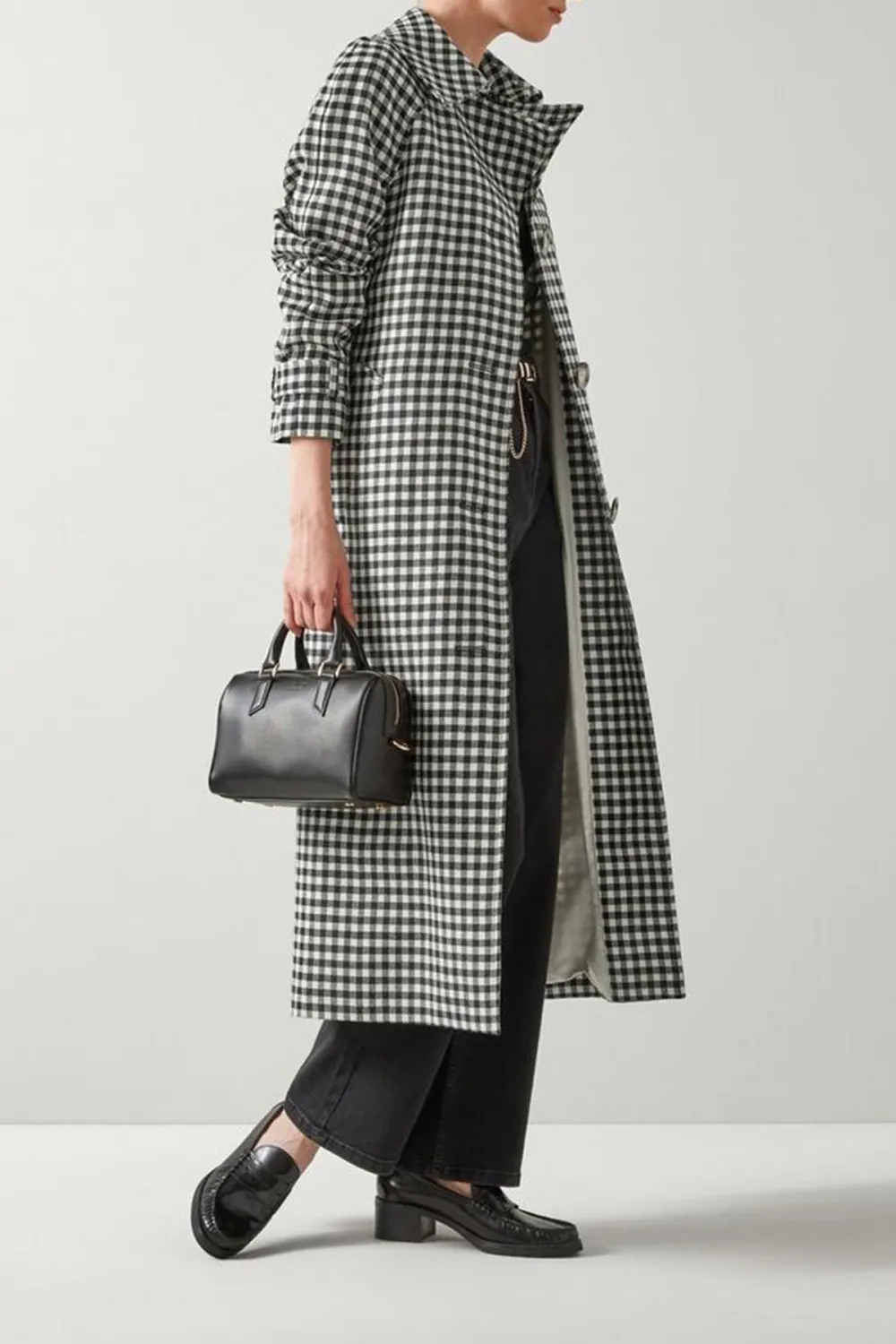 Black Cream Checkered Belted Long Coat