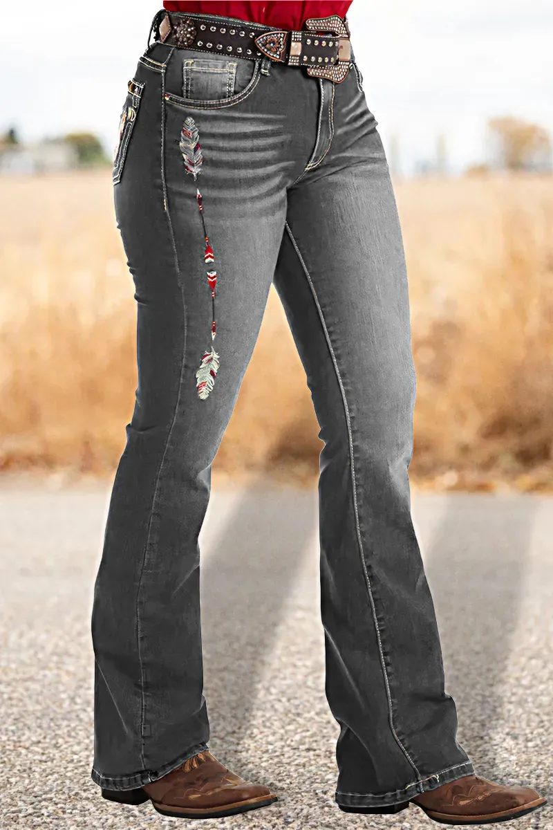 Feather Embroidery Mid Rise Bootcut Jeans