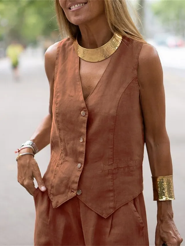 Women's Vest Daily Wear Vacation Going out Summer Spring Regular Coat V Neck Regular Fit Breathable Stylish Contemporary Modern Style Jacket Sleeveless Solid Color Oversize Black White Brown