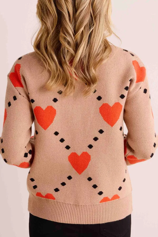 Beige Heart Pattern Sweater