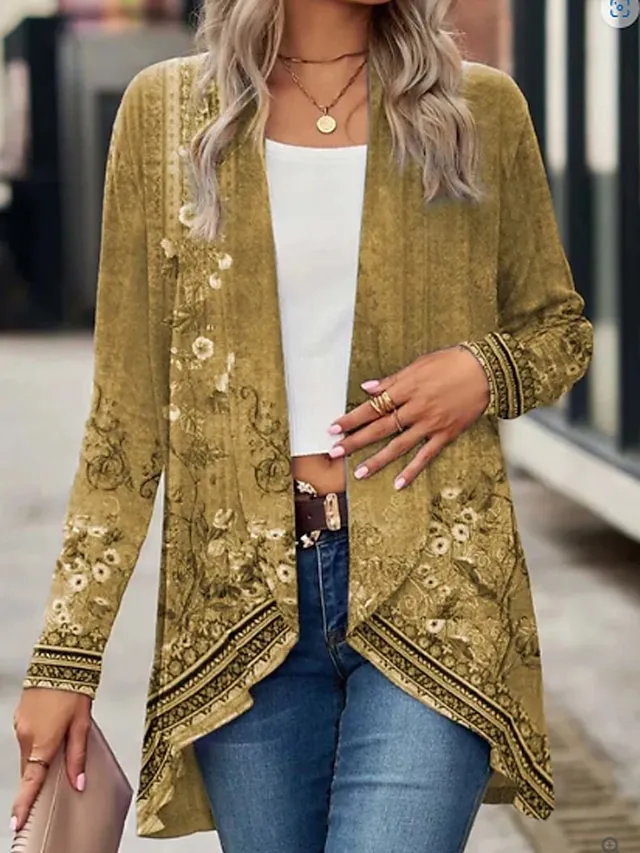 Women's Casual Jacket Outdoor Oversized Floral Print Breathable Loose Fit Outerwear Long Sleeve Spring Fall White Daily Street Vacation