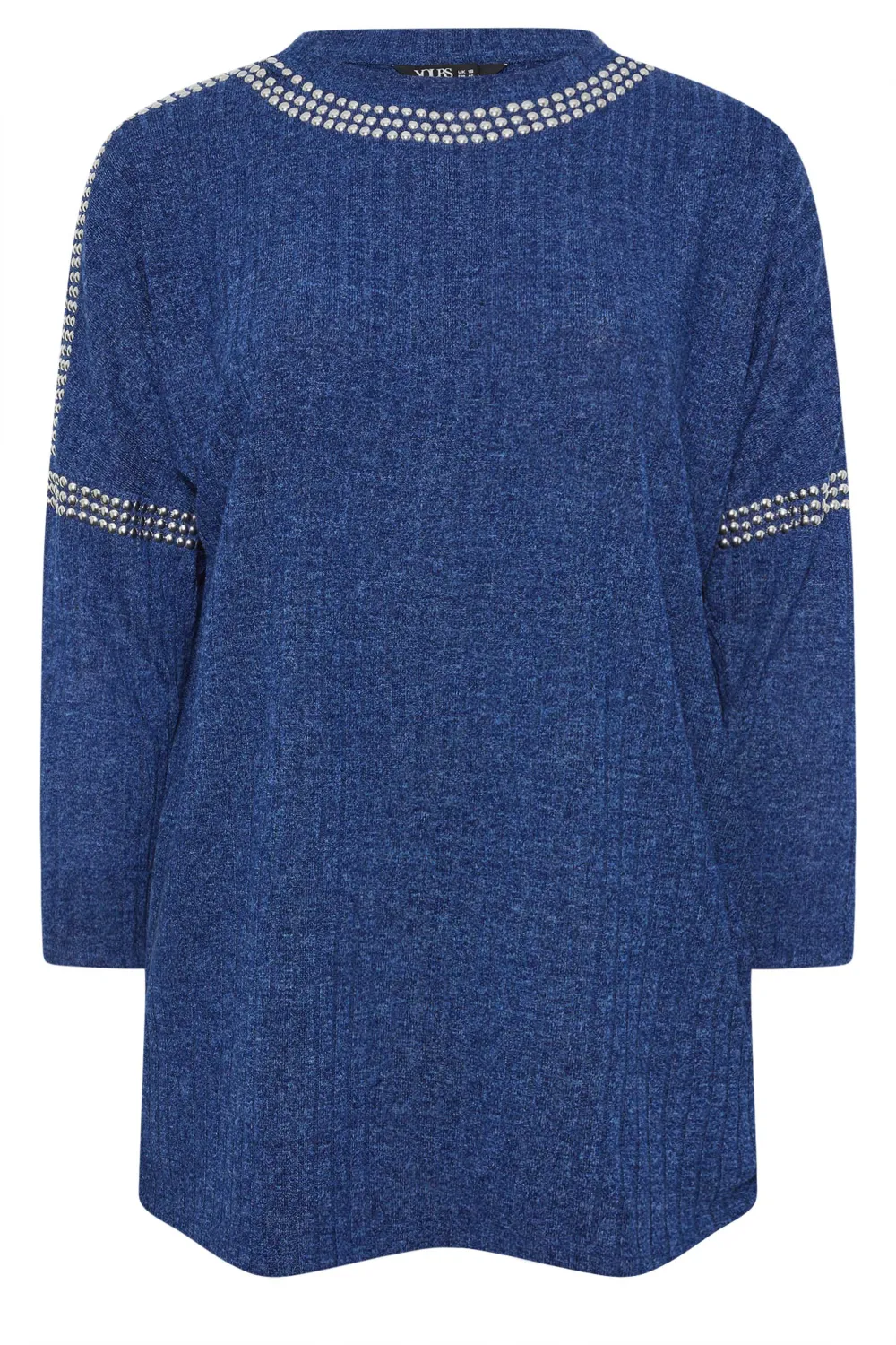 YOURS Curve Blue Stud Neckline Embellished Jumper