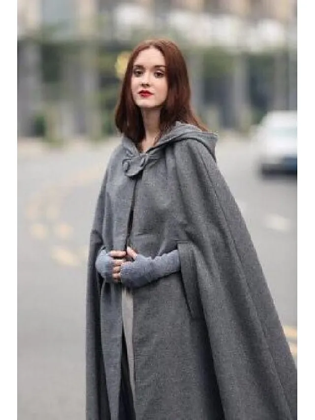 Women's Winter Coat Cloak / Halloween Xmas Capes Long Layered Coat Warm Windproof Overcoat Fall Single Breasted Hooded Coat Green Black Blue Gray Christmas Crewneck S M L XL / Winter