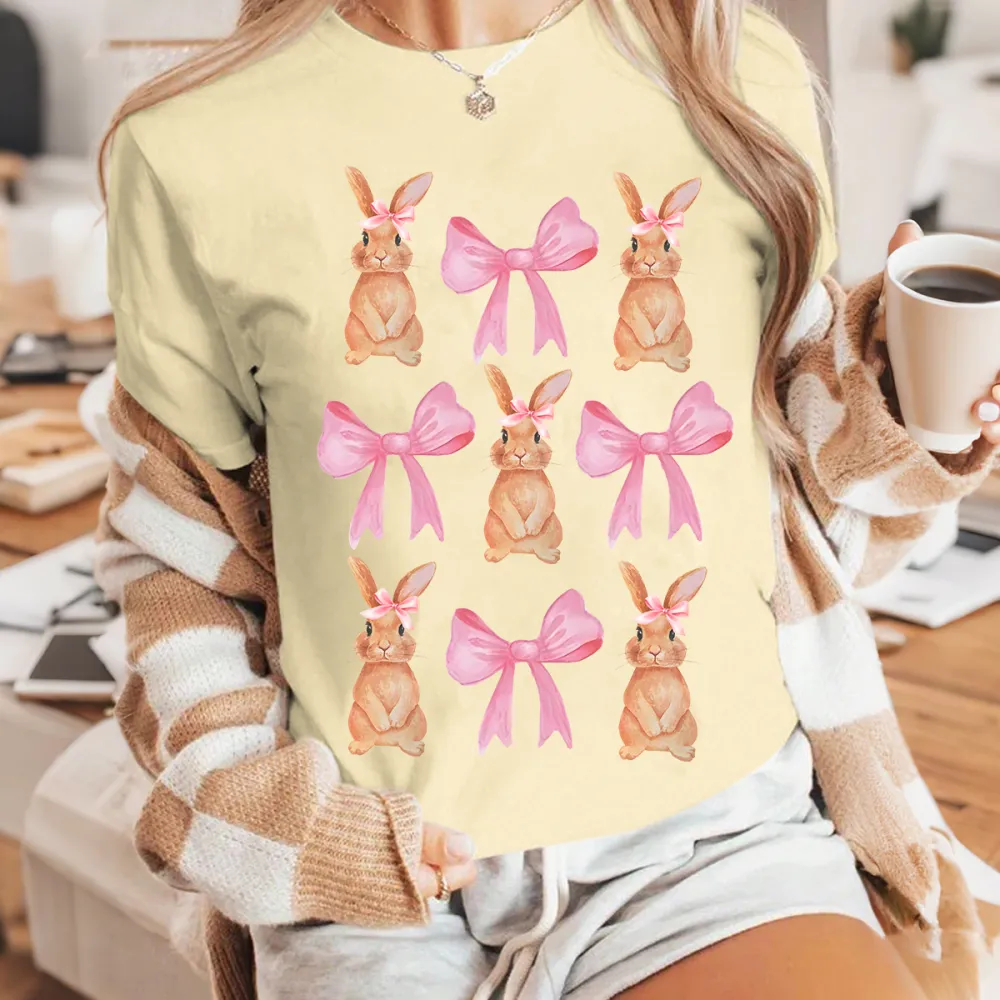 Easter Bunny And Bow Printed Round Neck Short Sleeve T-Shirt