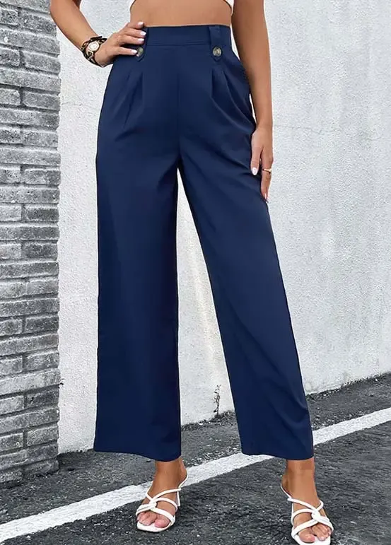 Navy Button Elastic Waist High Waisted Pants