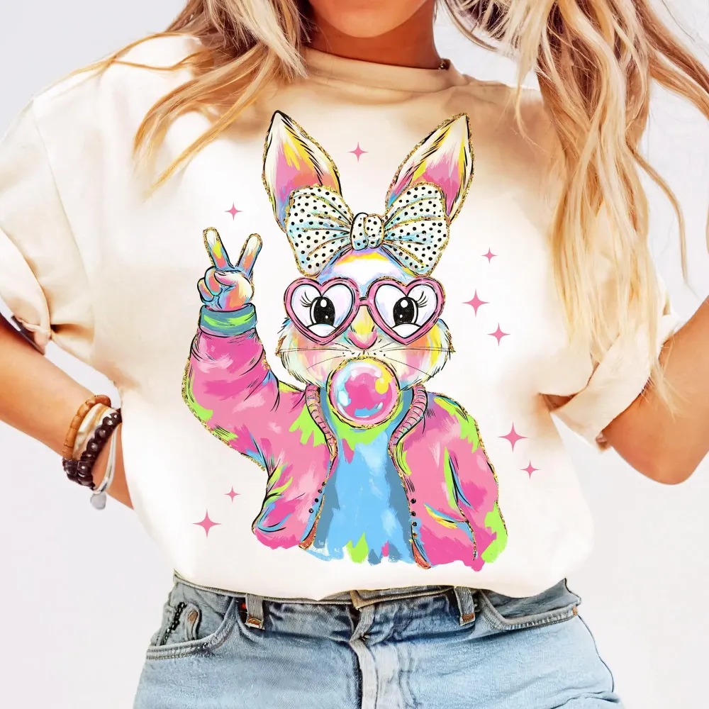 Easter Pink Bunny Blowing Bubbles Printed Round Neck Short Sleeve T-Shirt