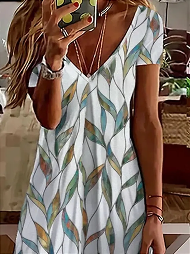 Women's Casual Dress T Shirt Dress Tee Dress Midi Dress White Short Sleeve Floral Print Fall Spring Summer V Neck Basic Daily Vacation 2023 S M L XL XXL 3XL