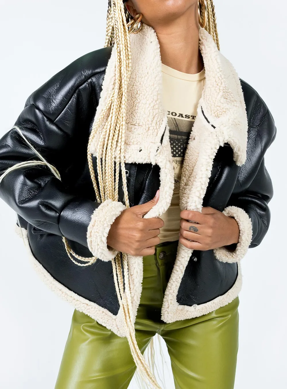 Black Faux Leather Jacket with Shearling Trim