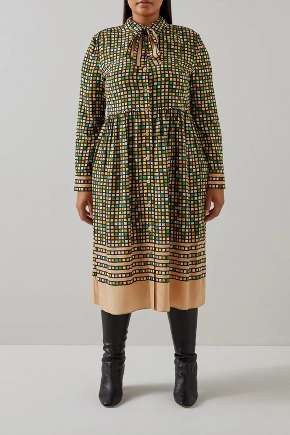 Green Checkered Tie Neck Two Tone Dress