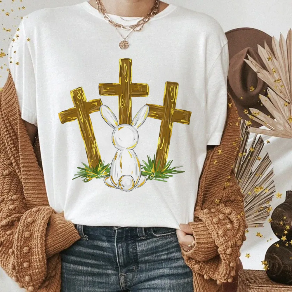 Cartoon Bunny And Three Golden Crosses Combination Pattern, Easter And Christian Elements, Loose, Simple, Casual T-Shirt.
