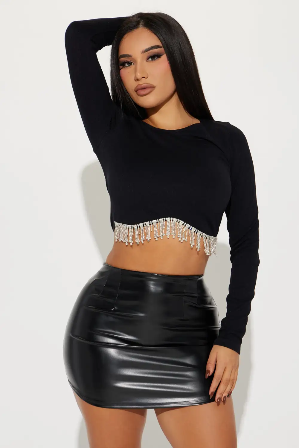 Rina Rhinestone Long Sleeve Top - Black