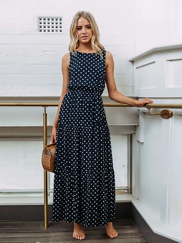 Women's Casual Dress Swing Dress Boho Dress Maxi long Dress Black Yellow Navy Blue Sleeveless Polka Dot Ruched Summer Spring Fall Crew Neck Fashion Birthday Vacation Summer Dress 2023 S M L XL XXL