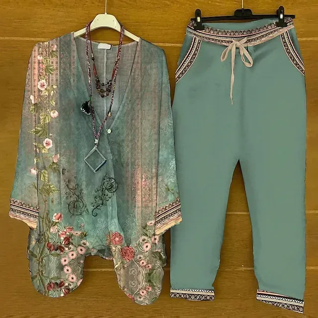Women's Shirt Pants Sets Pants Trousers Basic Green Casual Holiday Floral Print V Neck S M L XL 2XL