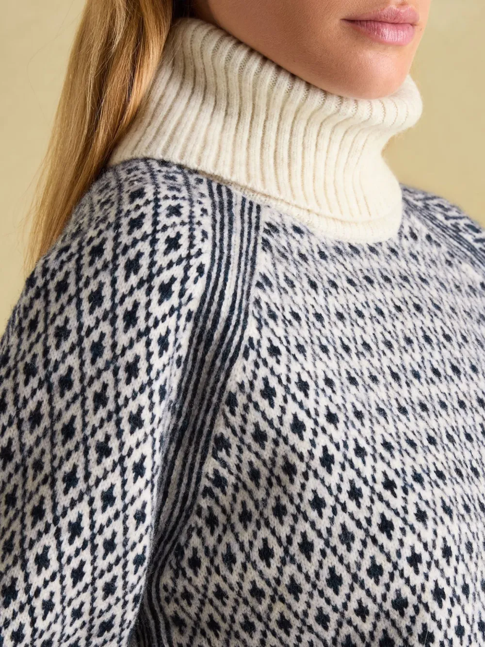 Cream/Navy Patterned Jumper with Detachable Roll Neck