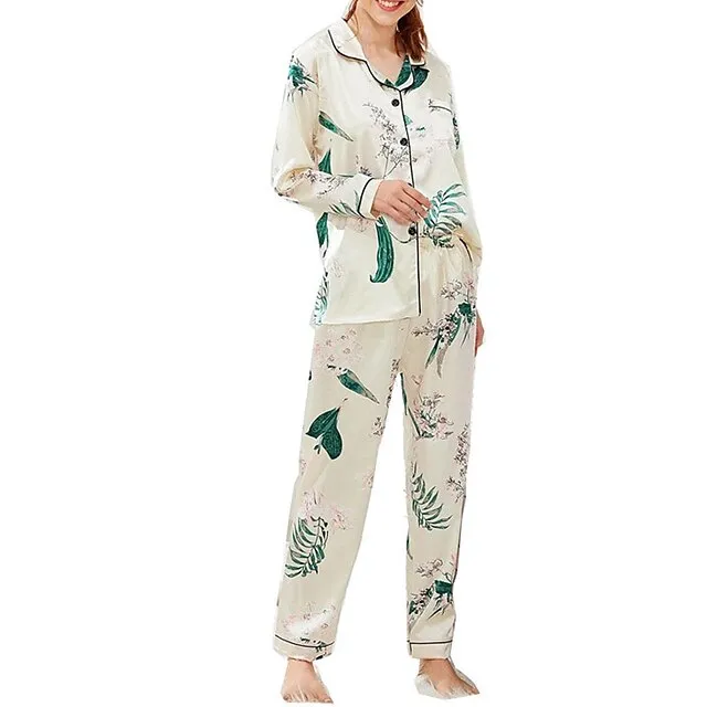 Women's Pajamas Sets Pjs 2 Pieces Leopard Stripe Fashion Simple Comfort Home Daily Vacation Satin Breathable Gift Lapel Long Sleeve Pant Button Elastic Waist Fall Spring Light Pink Black