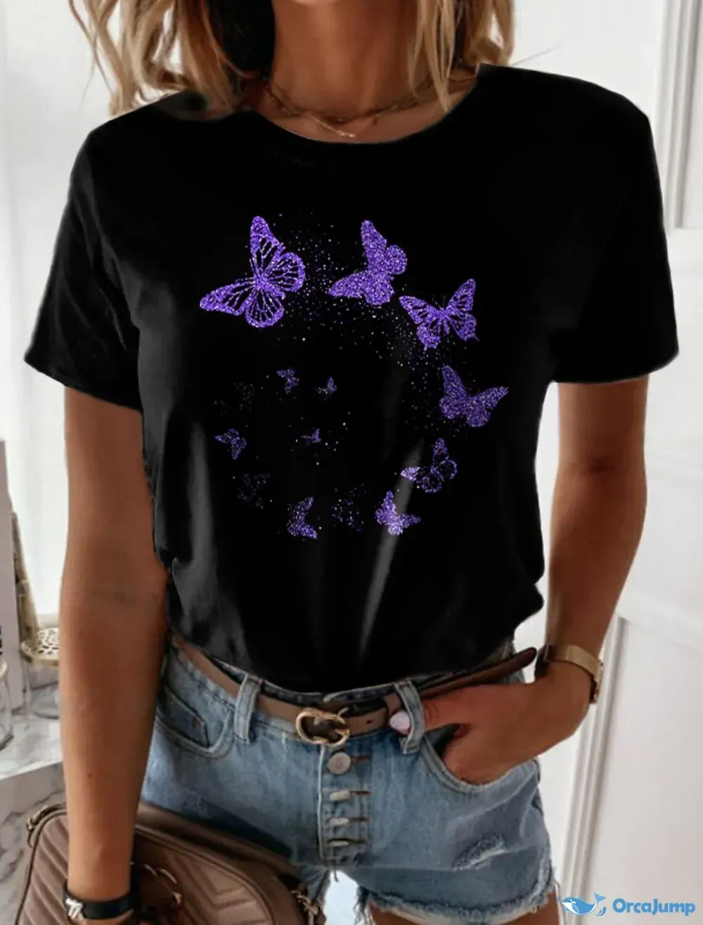 Women's T-Shirt Tee with Short Sleeves and Round Neckline Featuring a 3D Butterfly Painting Print in Green, Blue,