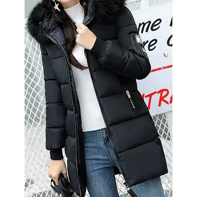 Women's Parka Long Puffer Jacket Windproof Thermal Warm Heated Coat with Pockets Winter Coat with Fur Collar Hood Long Sleeve Full Zip Black White Pink