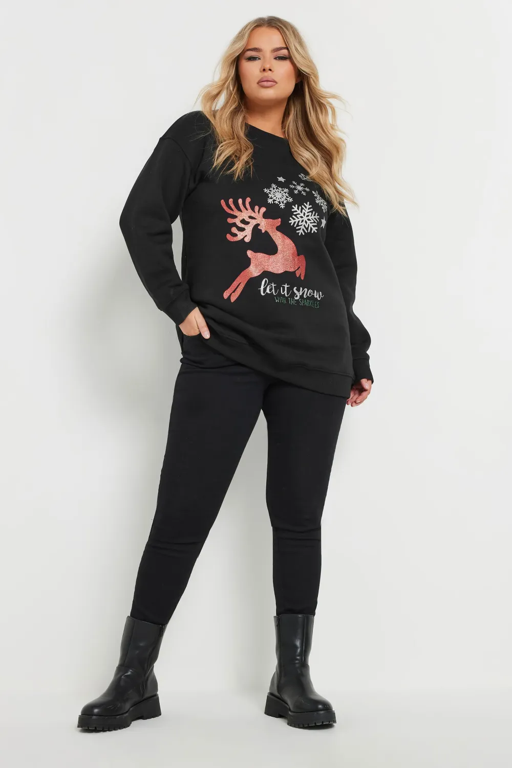 YOURS Curve Black 'Let It Snow' Reindeer Print Sweatshirt
