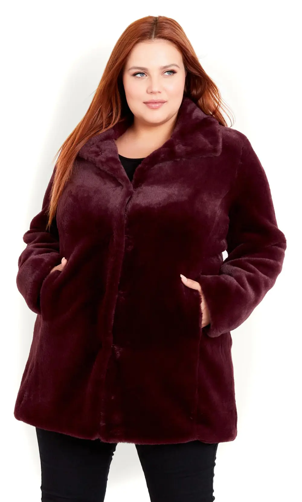 Evans Burgundy Red Faux Fur Coat