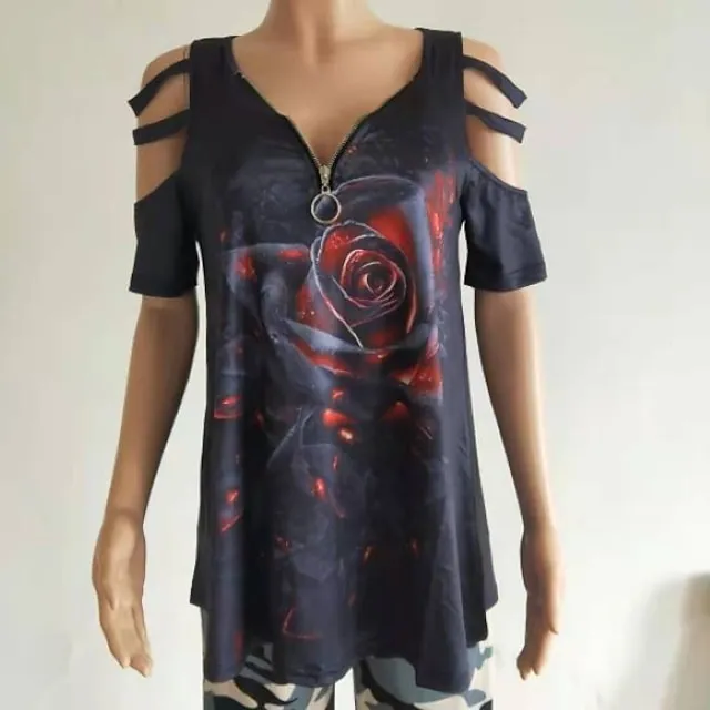 Women Tops T-Shirt Hollow-Out Shoulder Short Sleeve Casual Blouse Shirts Flower Print V-Neck Zipper Shirt