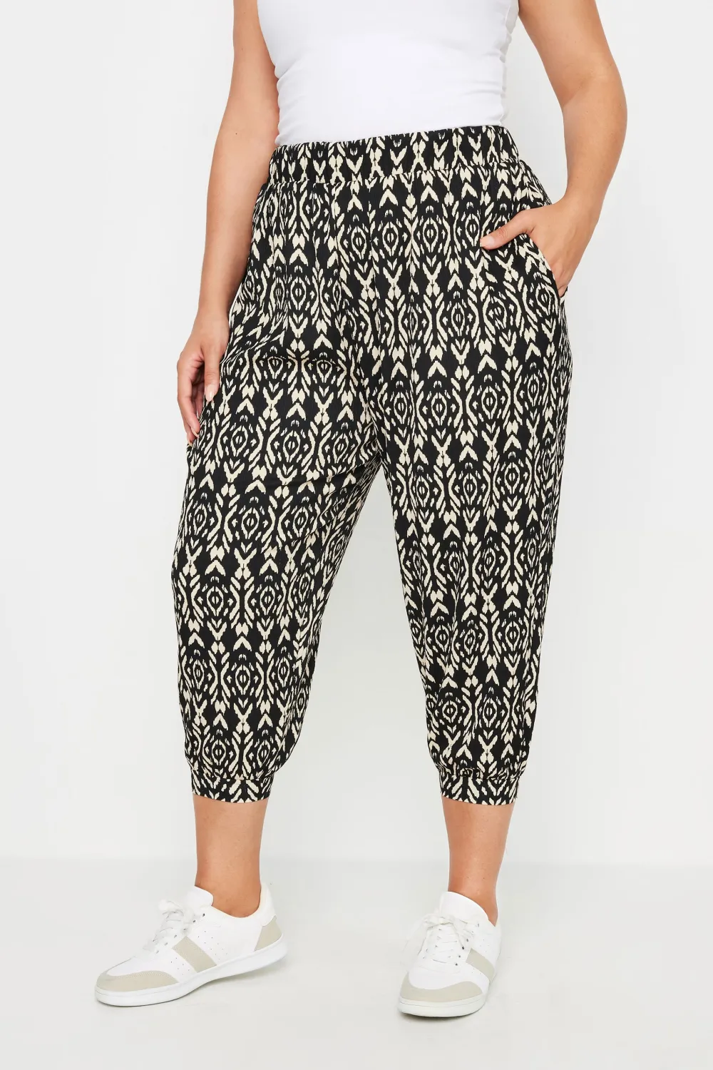 YOURS Curve Yellow Ikat Print Textured Cropped Harem Trousers