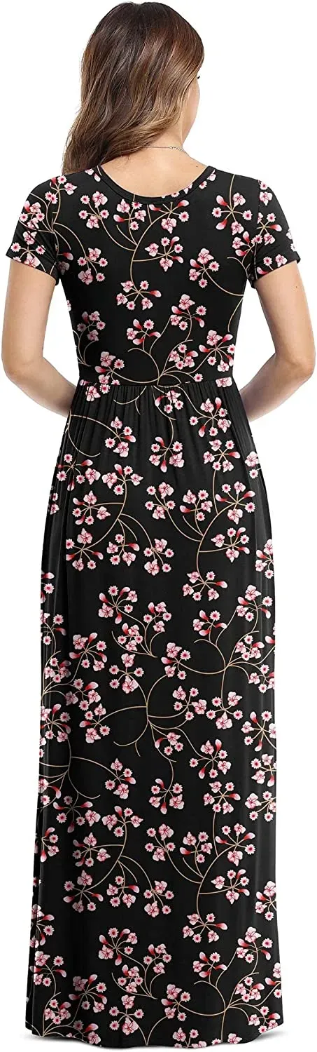 Women's Short Sleeve Loose Plain Maxi Dresses Casual Long Dresses with Pockets