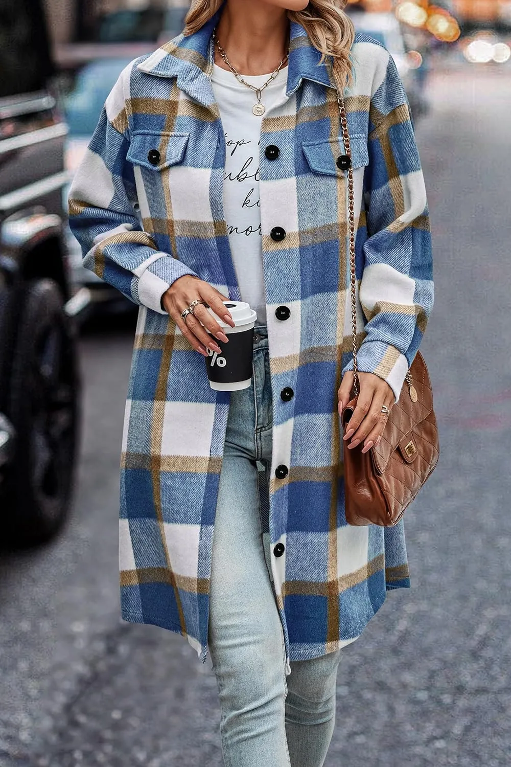 Women's Plaid Shacket 2023 Long Sleeve Button Up Flannel Shirt Winter Tartan Jacket Woolen Coats