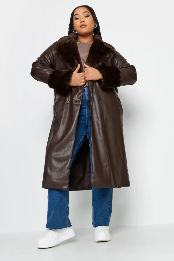 YOURS Curve Brown Faux Fur Trim Trench Coat