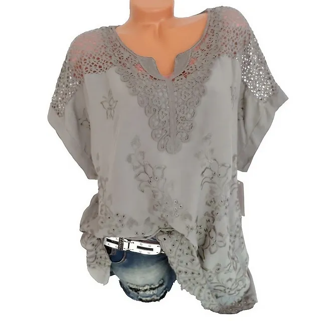 Women's Shirt Blouse Plain Black White Red Embroidered Short Sleeve Daily Going out Weekend Streetwear Basic Casual V Neck Regular Fit Summer Spring