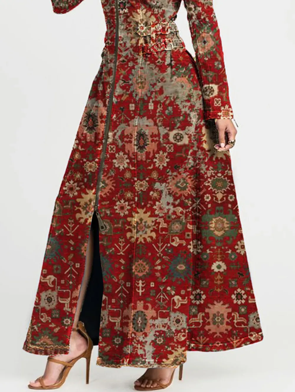 Ursime Turndown Collar Ethnic Pattern Zipper Buckle Maxi Dress