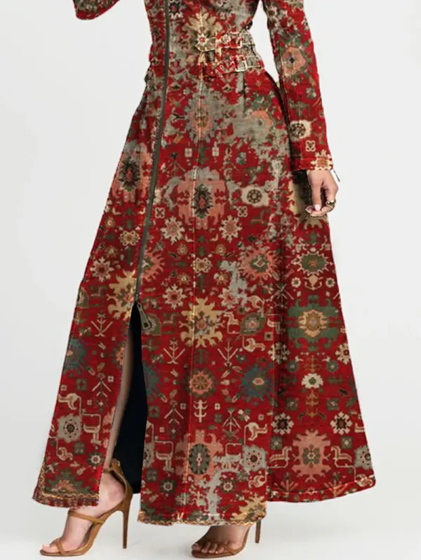 Ursime Turndown Collar Ethnic Pattern Zipper Buckle Maxi Dress