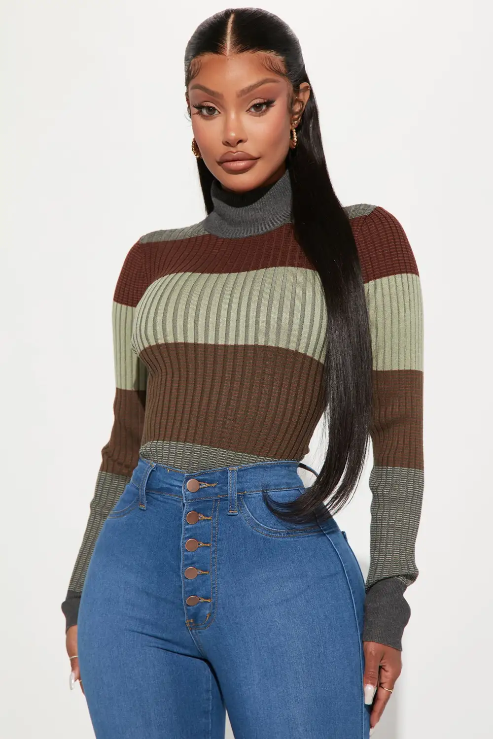 Kyra Mock Neck Ribbed Sweater - Grey/combo