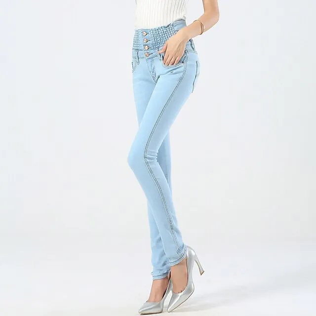 Women's Jeans Skinny Full Length Denim Side Pockets Stretchy High Waist Fashion Street Casual Light Blue B S M