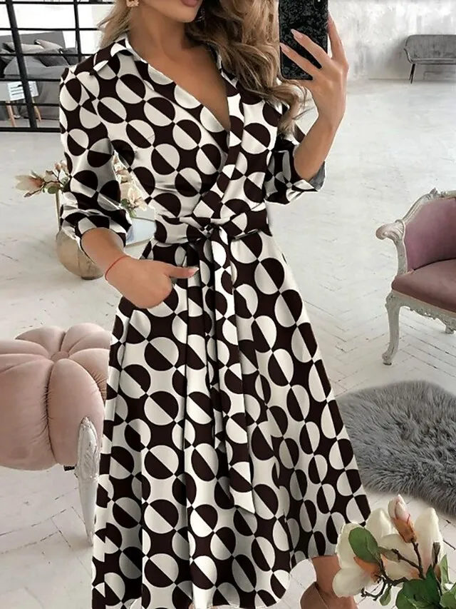 Women‘s A Line Dress Midi Dress Tie dye Letter printing Butterfly print Big wave point Small dots Diamond printing Black khaki Sky Blue Red Long Sleeve Print Butterfly Pure Color Lace up Pocket