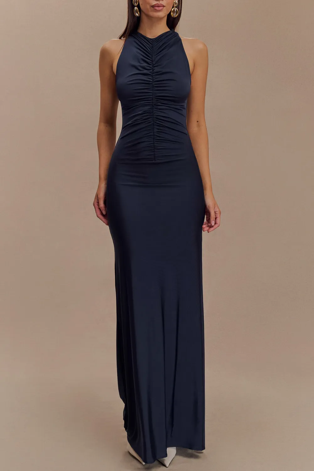 Slinky Ruched Halter Maxi Dress