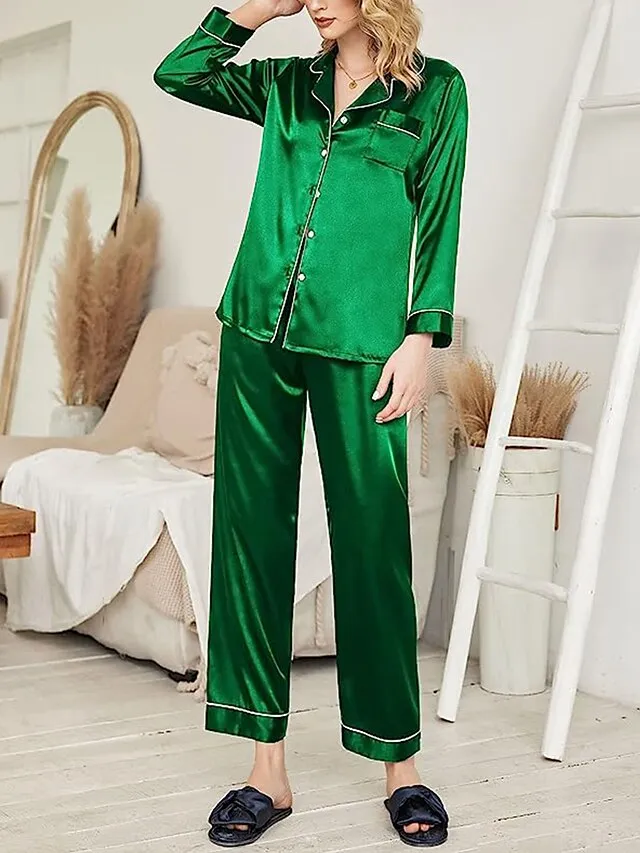 Women's Satin Silk Lounge Sets Satin Pajama Sets Pure Color Fashion Casual Comfort Home Daily Bed Satin Breathable Lapel Long Sleeve Shirt Pant Button Pocket Summer Fall Black White