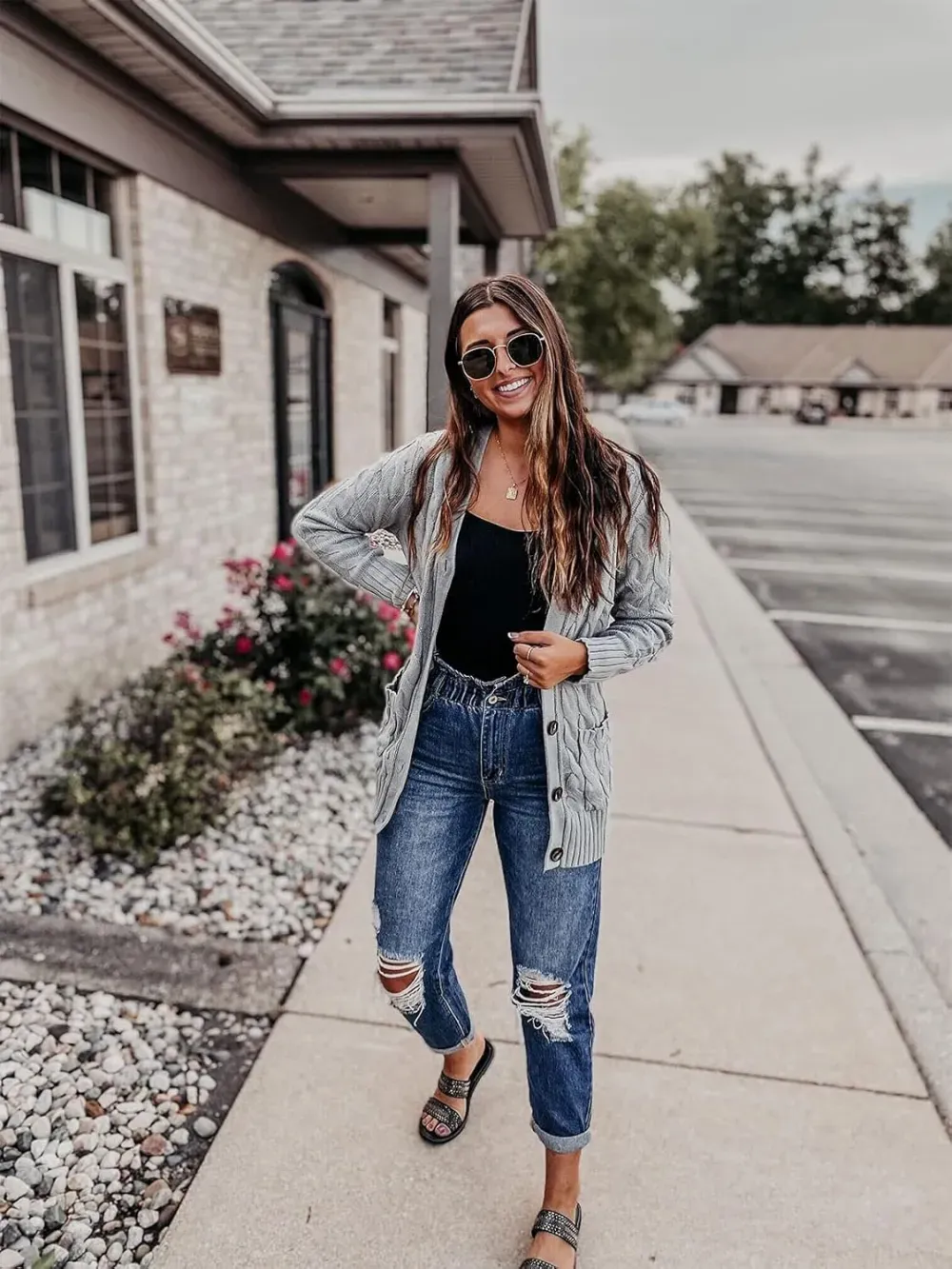 MEROKEETY Women's 2024 Fall Long Sleeve Cable Knit Sweater Open Front Cardigan Button Loose Outerwear