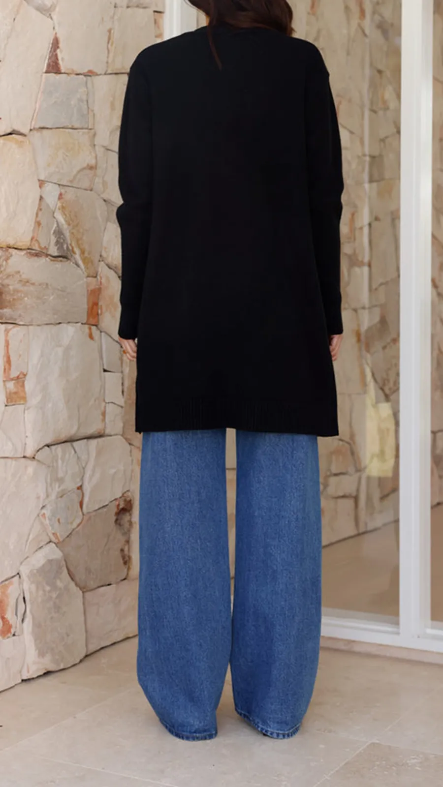 Black Knitted Mid-Length Coat With Pockets
