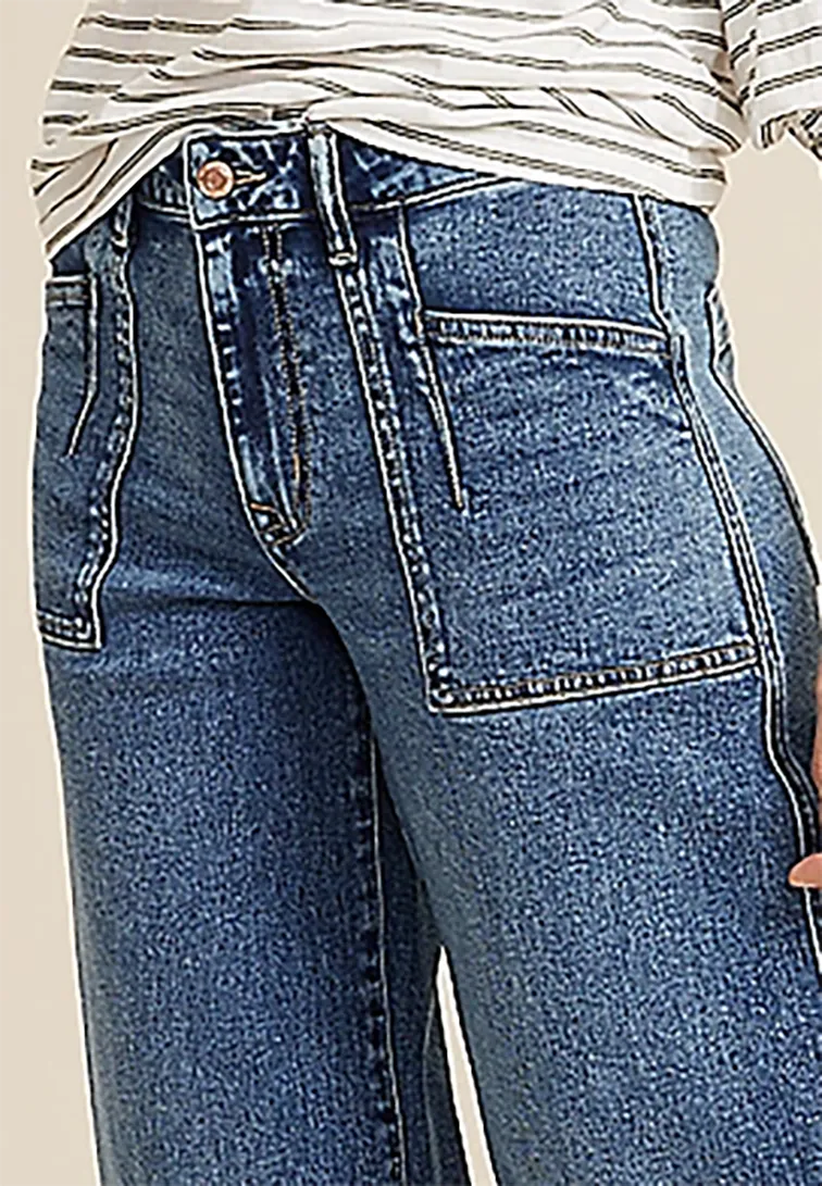 Casual Style Patch Pocket High Rise Wide Leg Jean