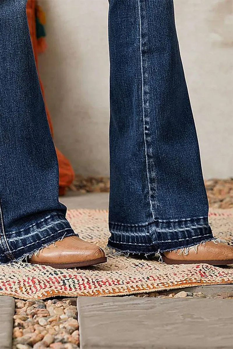 Dual Button Ripped Raw Hem High Rise Bootcut Jeans