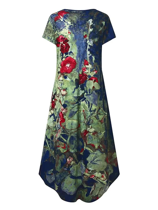 Women‘s Shift Dress Maxi long Dress Green Blue Gray Dark Blue Short Sleeve Floral Pocket Print Spring Summer Crew Neck Casual 2023 S M L XL XXL XXXL