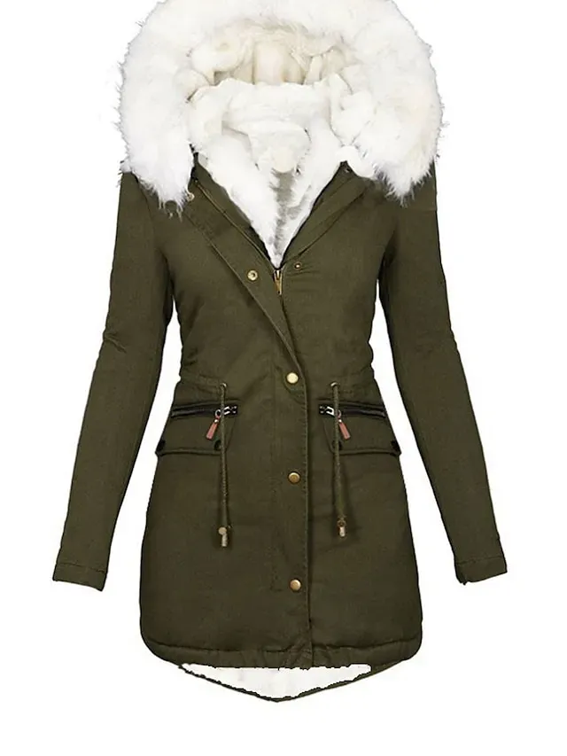 Women's Parka Fleece Lined Puffer Jacket Thicken Winter Coat with Fur Collar Hood Thermal Warm Heated Jacket with Pockets Fall Windproof Zipper Drawstring Outerwear Long Sleeve
