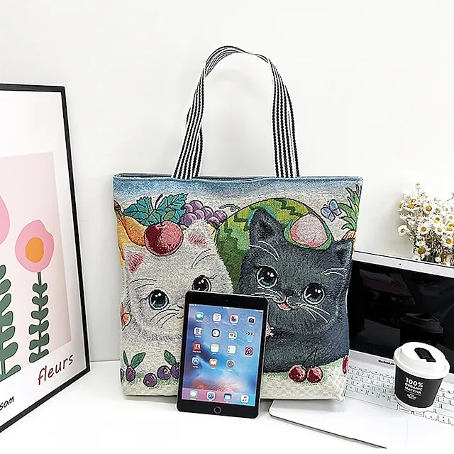 Women's Tote Shoulder Bag Canvas Tote Bag Oxford Cloth Shopping Daily Zipper Print Large Capacity Lightweight Durable Cat Flower Folk Butterfly Unicorn Black cat