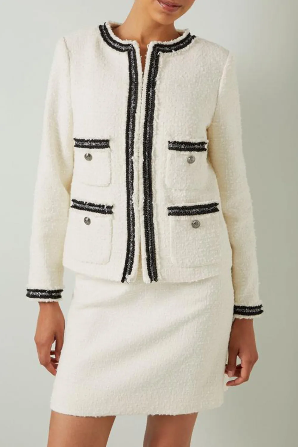 White Tweed Contrast Trim Short Jacket