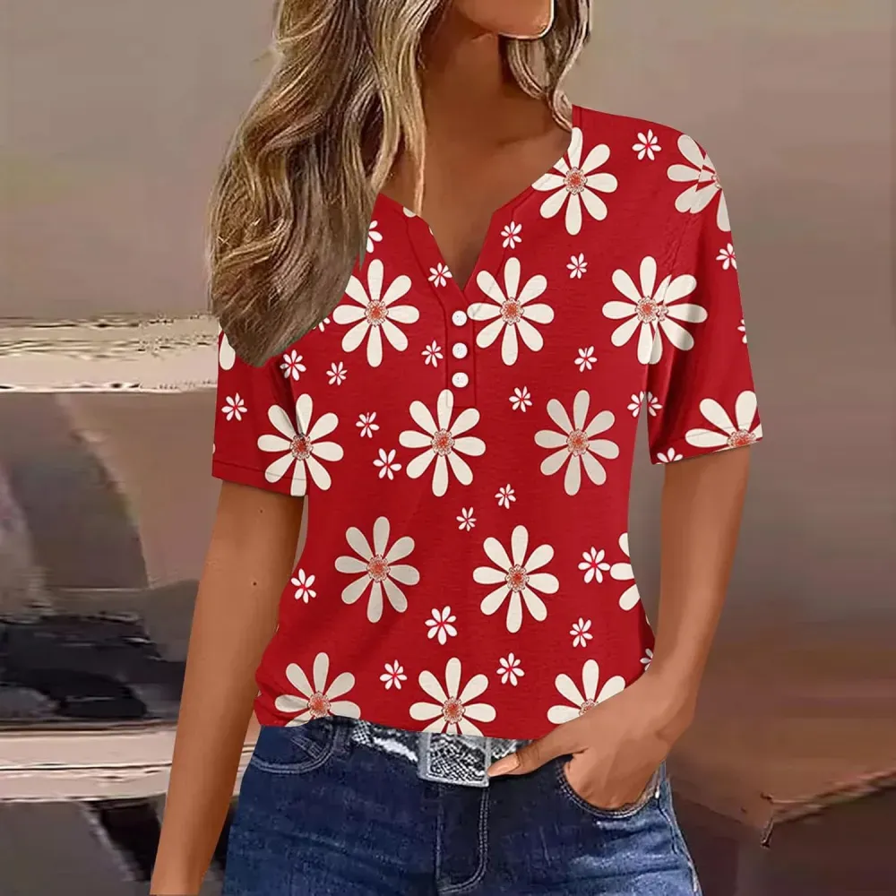 Shirts for Women Casual Printed Summer Tops Short-Sleeved Button V-Neck Tops Blouse Fashion Boho T-Shirts