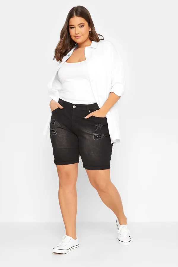 YOURS Curve Black Distressed Denim Shorts